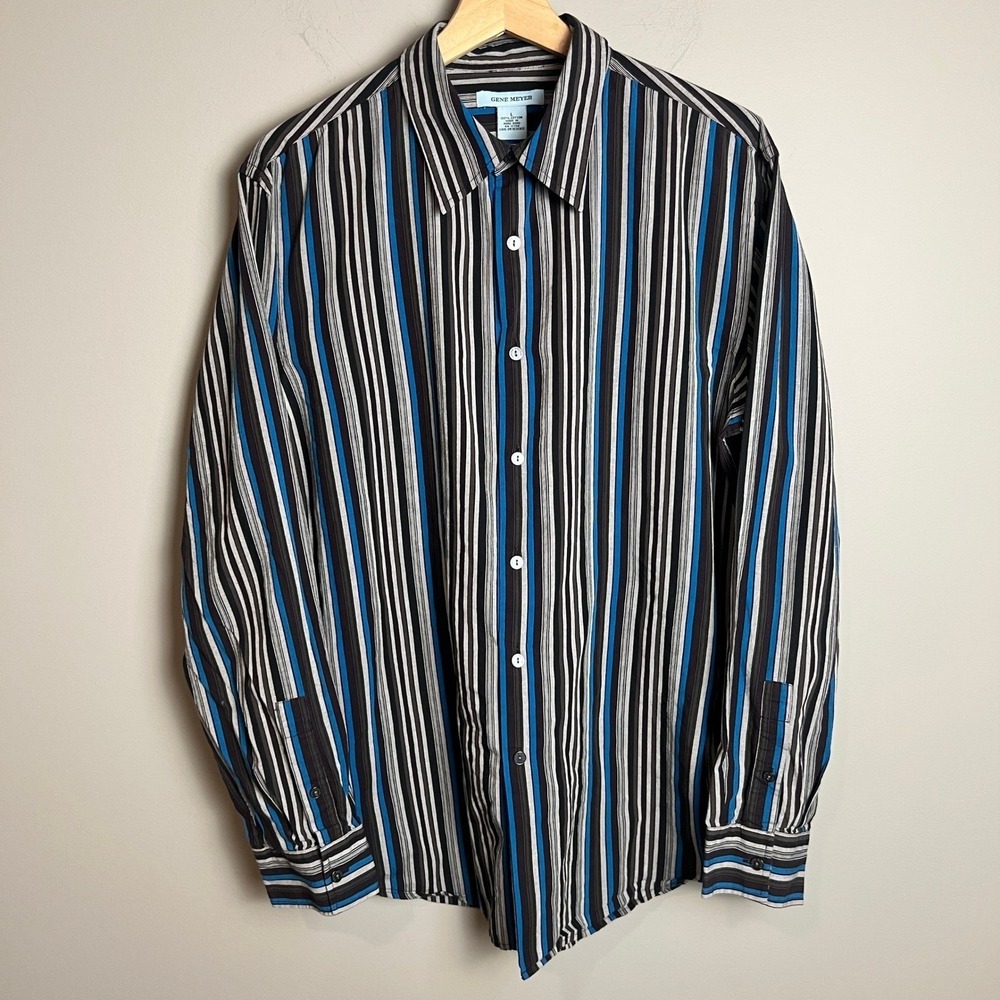 Gene Meyer Long Sleeve Shirt Mens‎ Large Striped Button Down 100% Cotton Blue
